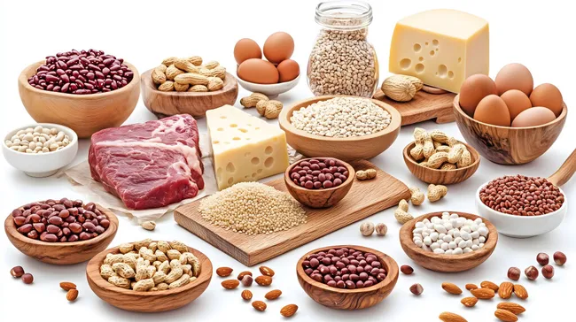 Auswahl proteinreicher Lebensmittel auf Holzbrett