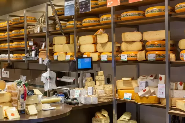 Auswahl von Käse in Spezialitätengeschäft in Zandvoord, Niederlande