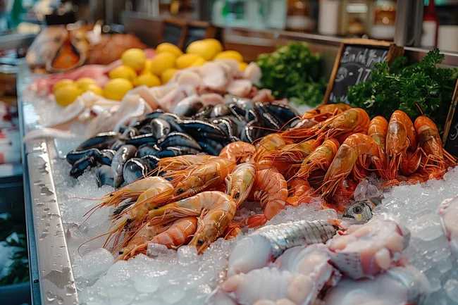 Auswahl von Meeresfrüchten auf Eis