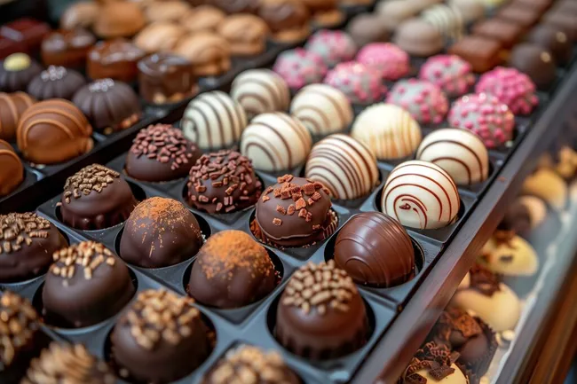 Auswahl von Pralinenkugeln in verschiedenen Formen und Farben