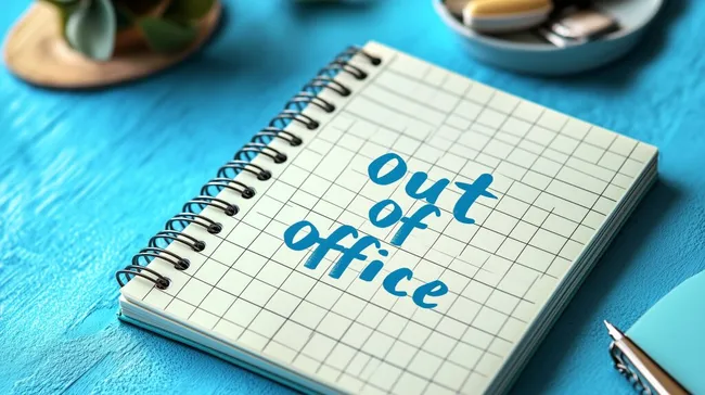 Auszeit-Notizblock auf blauem Tisch mit Büroaccessoires