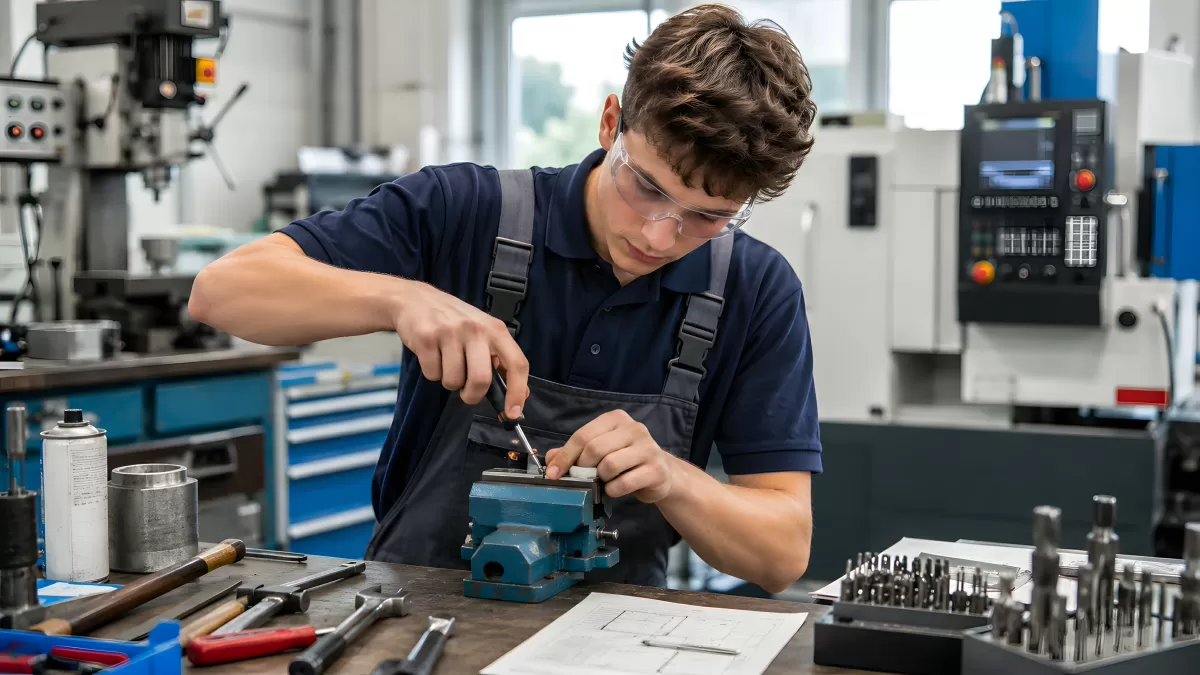 Auszubildender arbeitet konzentriert an Metallwerkstück