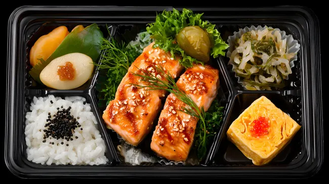 Authentische japanische Bento-Box mit Lachs-Sushi und Gemüse