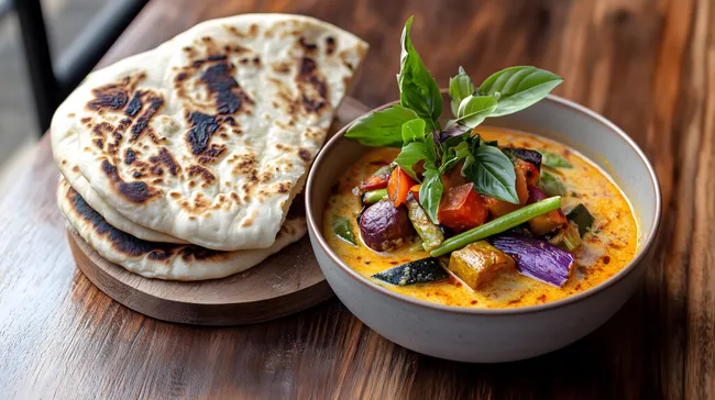 Authentisches indisches Curry mit frischem Gemüse und Naan-Brot