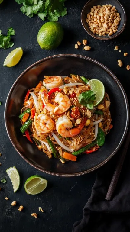 Authentisches Pad Thai mit Garnelen und Limette