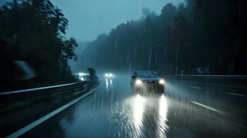 Auto bei Nacht im Regen auf Autobahn