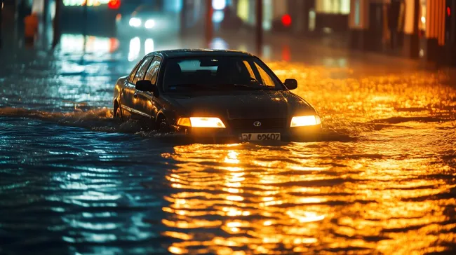 Auto fährt durch überschwemmte Straße in nächtlicher Stadt
