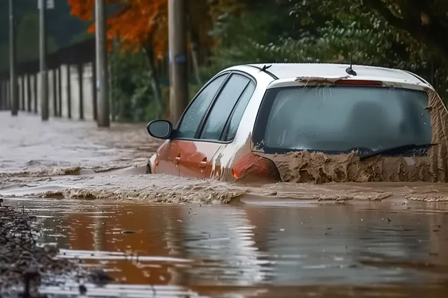 Auto in einer überschwemmten Straße