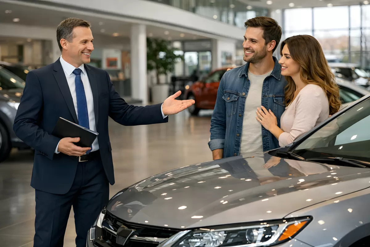 Autoberater zeigt Ehepaar Fahrzeug im Autohaus