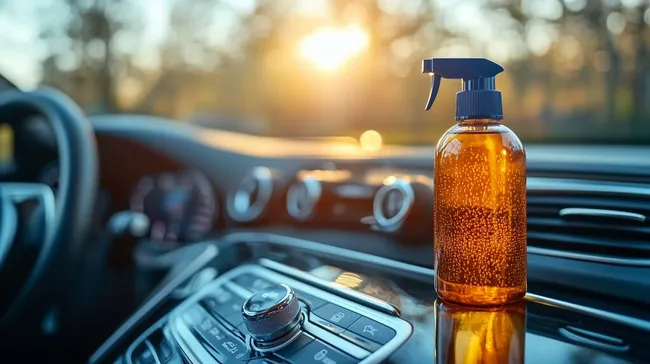 Autoinnenraum mit Pflege-Sprühflasche im Sonnenuntergang