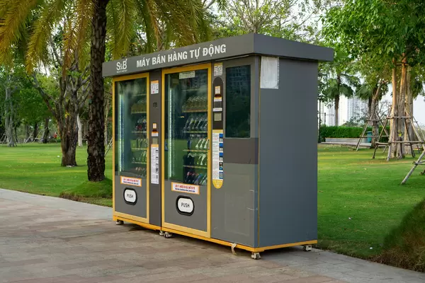 Automatic Vending Machine with several Refrigerated Drinks in Vinhomes Central Park in Ho Chi Minh City, Vietnam