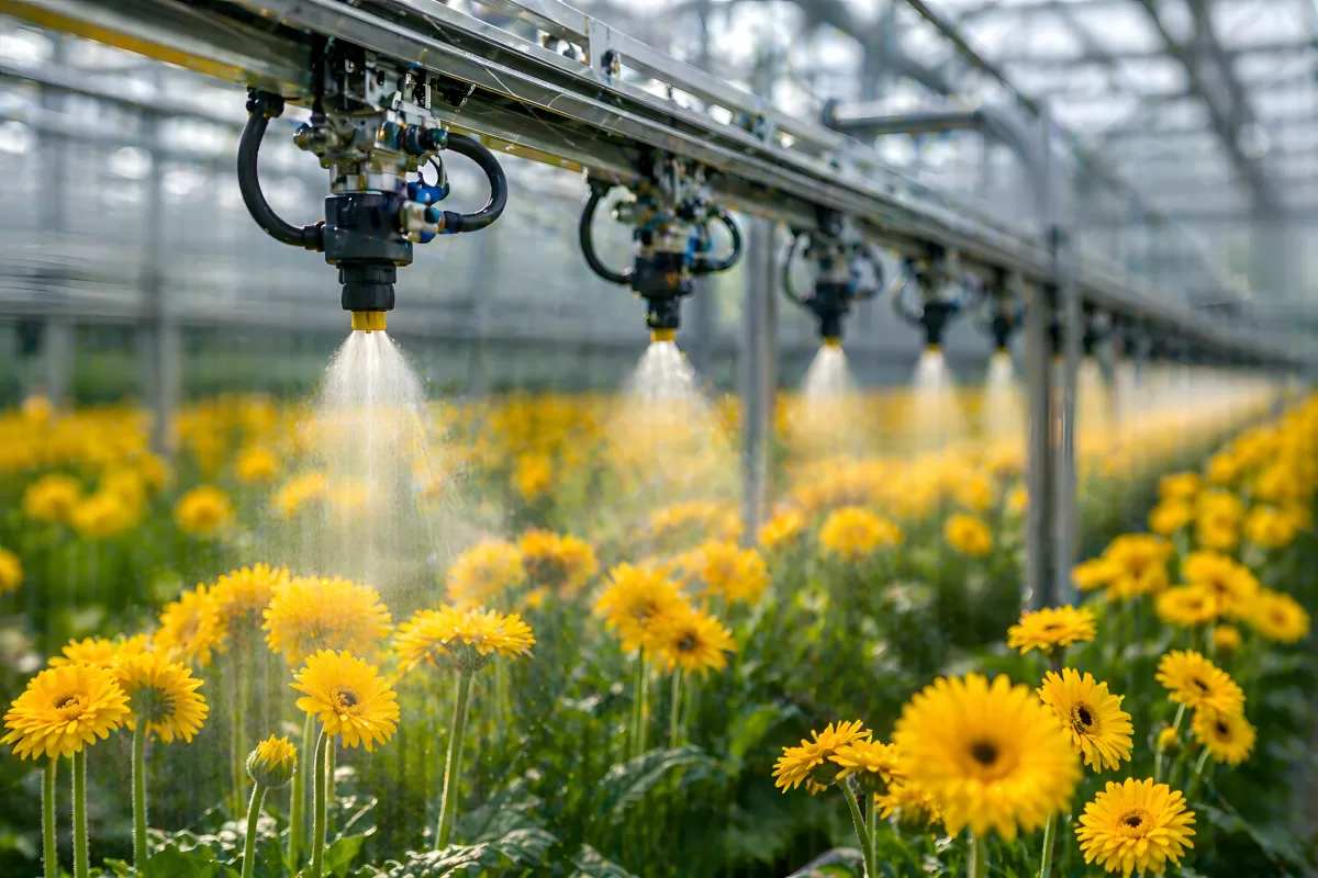 Automatische Bewässerung gelber Gerbera im Gewächshaus