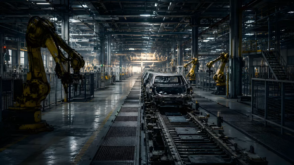 Automatisierte Autofabrik mit gelben Industrierobotern