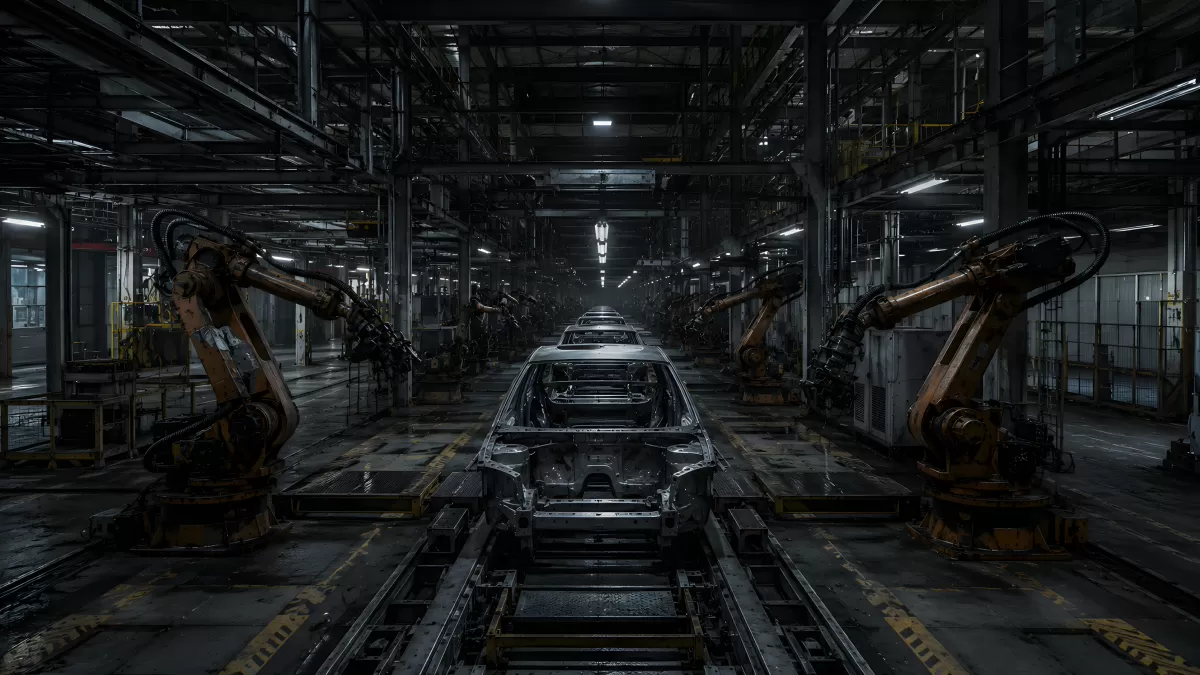 Automatisierte Autofabrik mit Roboterarmen im Dunkeln