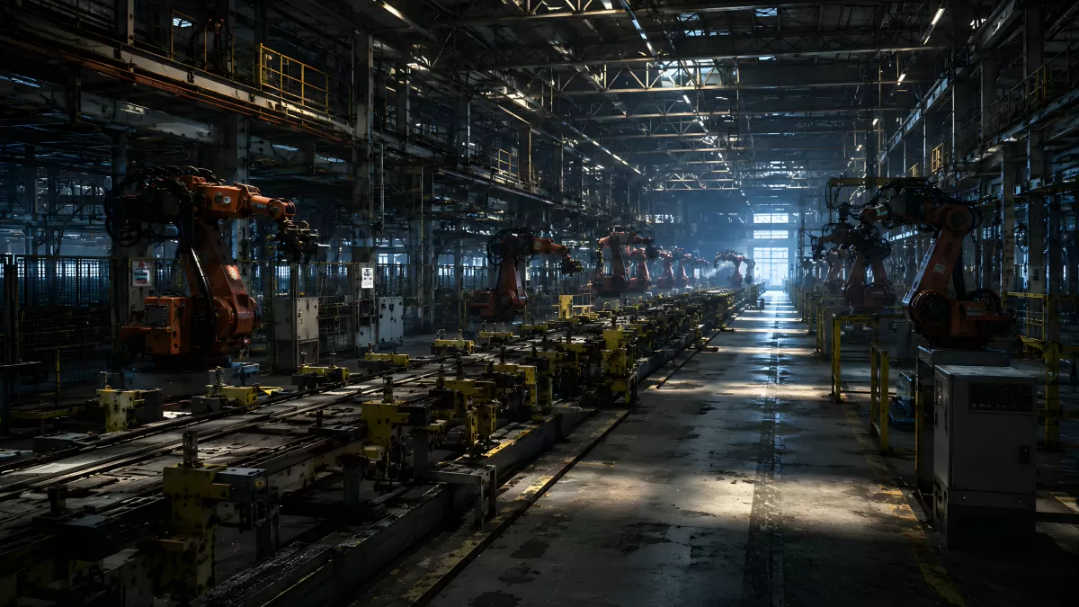Automatisierte Fabrikhalle mit Industrierobotern