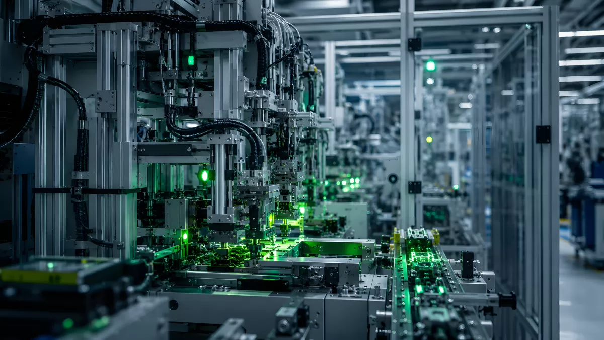 Automatisierte Fertigungslinie mit grünen Laserlichtern