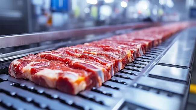 Automatisierte Fleischverarbeitung in modernem Industriebetrieb