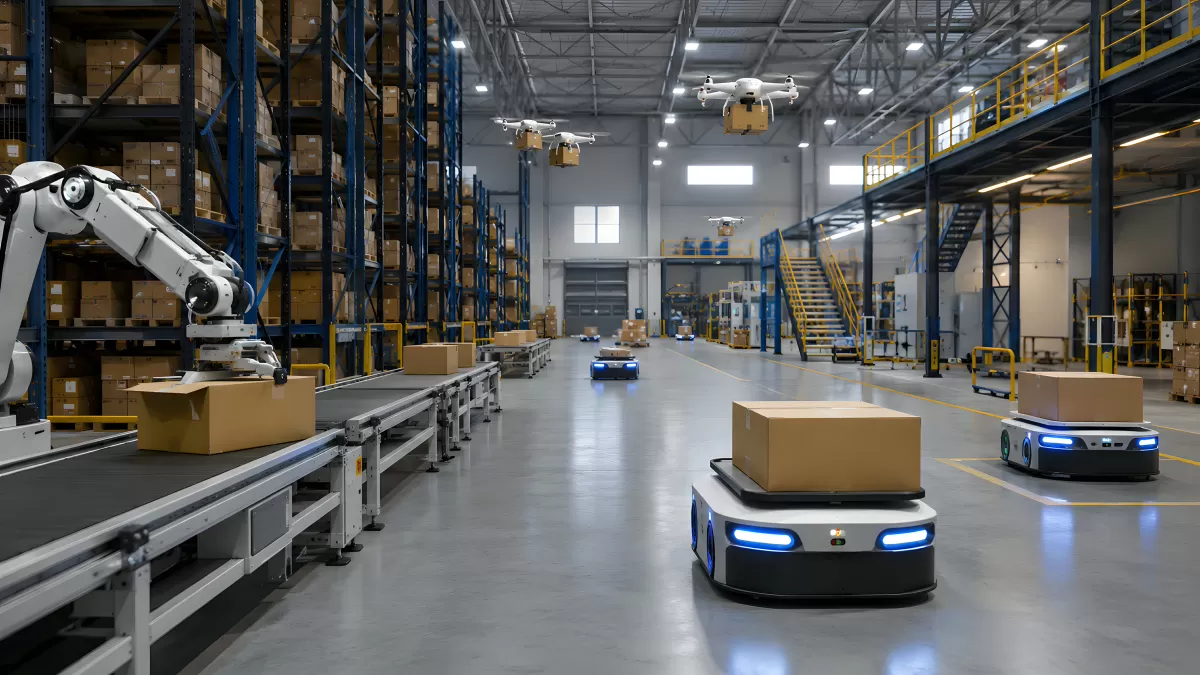 Automatisiertes Lager mit Robotern, Drohnen und AGVs
