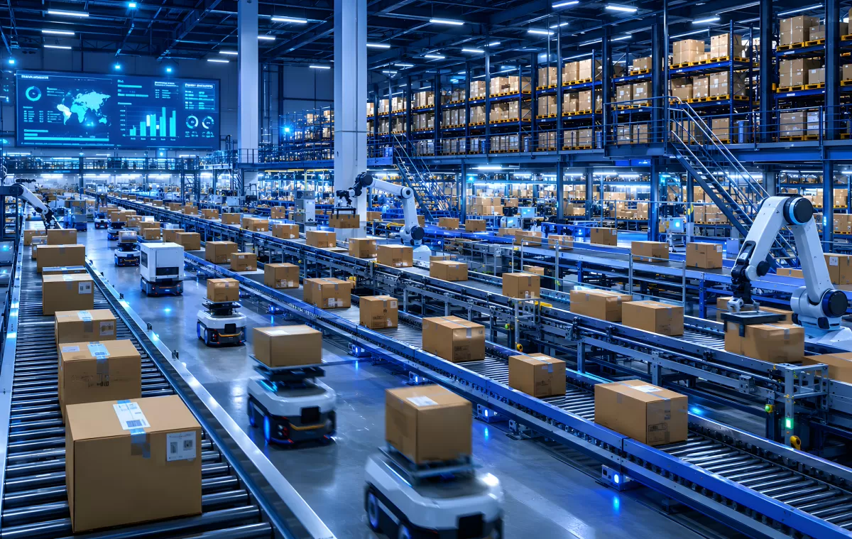 Automatisiertes Lager mit Robotern und Förderbändern