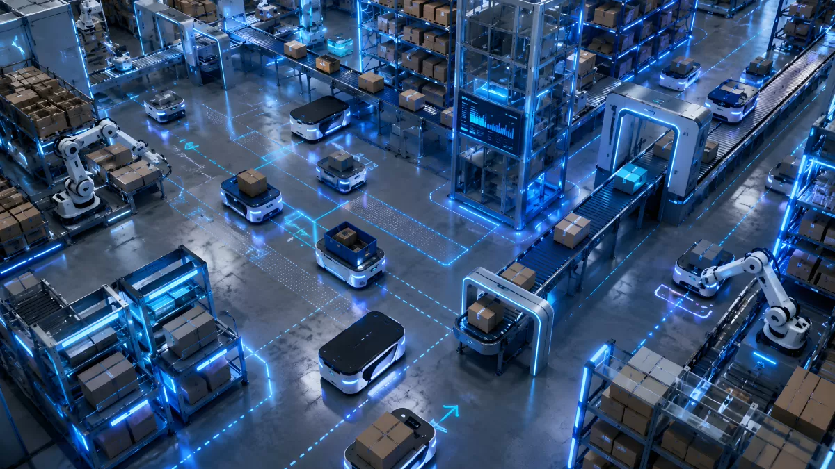 Automatisiertes Lager mit Robotern und KI-Steuerung