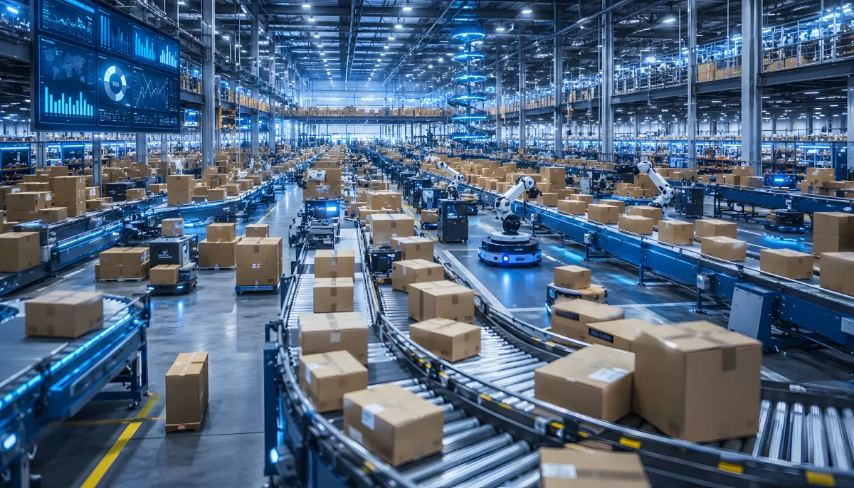 Automatisiertes Logistiklager mit Robotern und Förderbändern