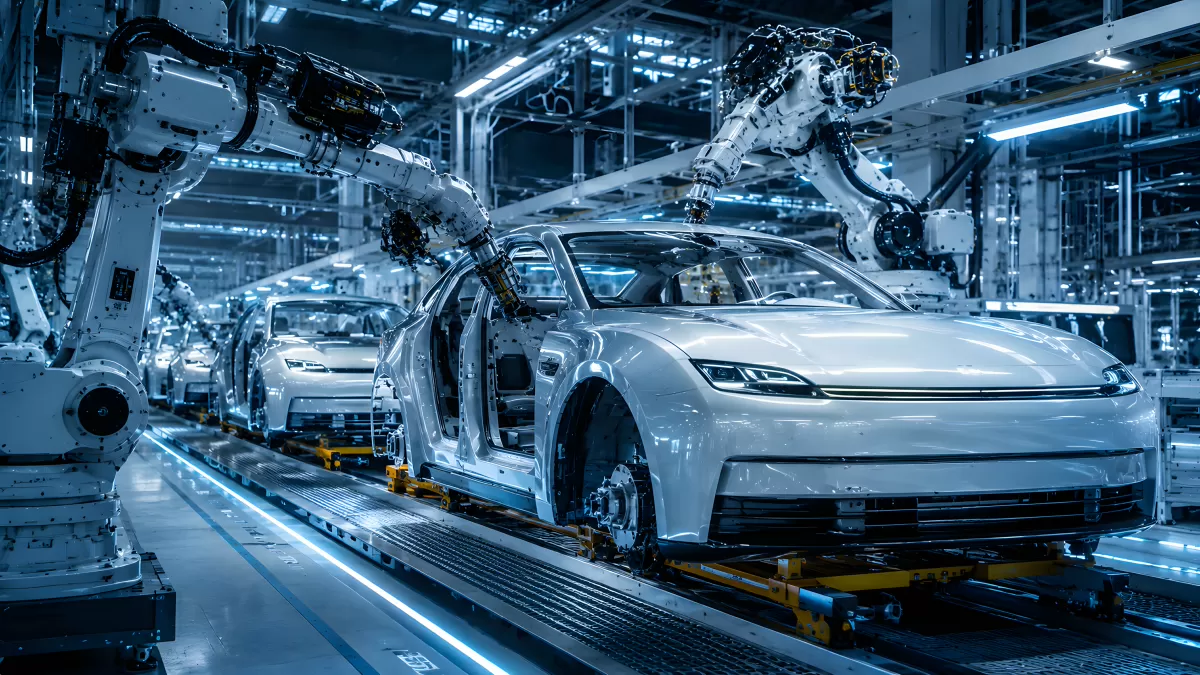 Automobilfabrik mit Roboterarmen an der Montagelinie
