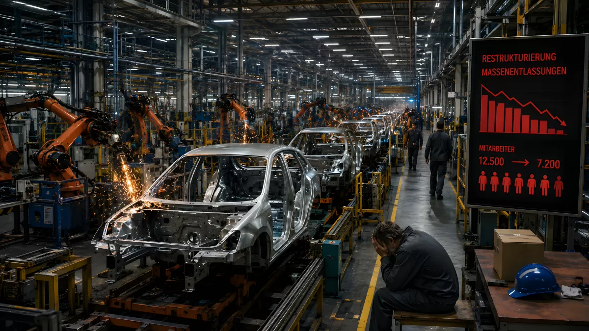 Automobilfabrik mit Robotern und Massenentlassungen