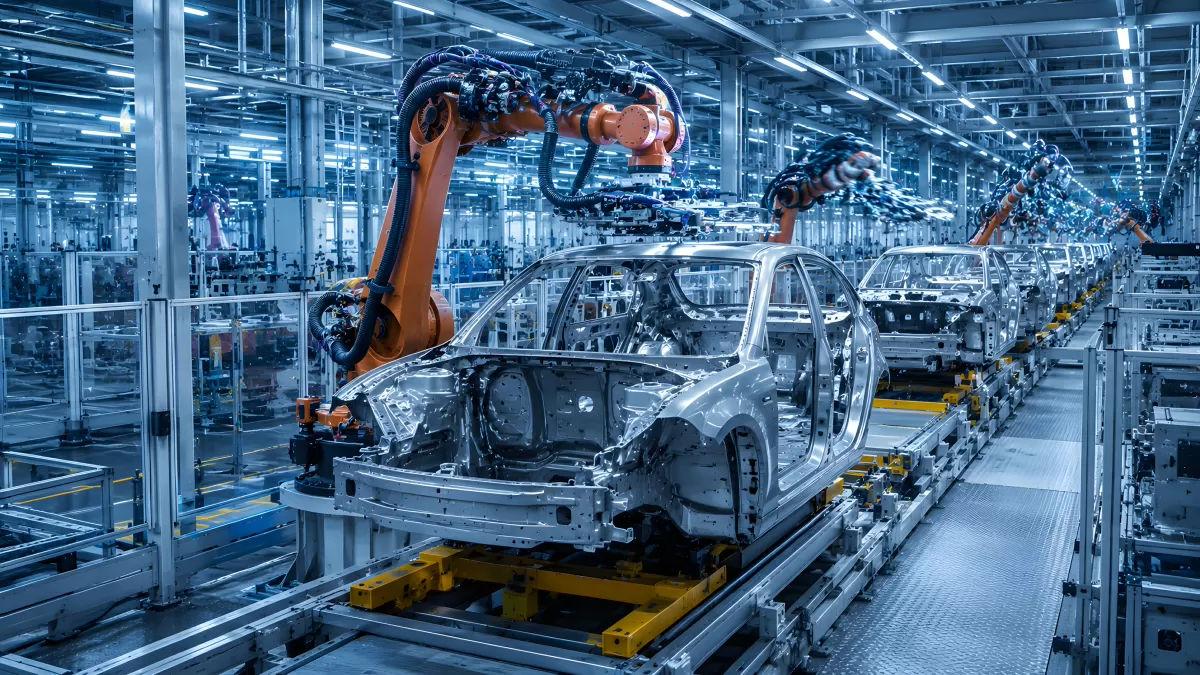 Automobilkrise: Roboterarm montiert Karosserie im Automobilwerk