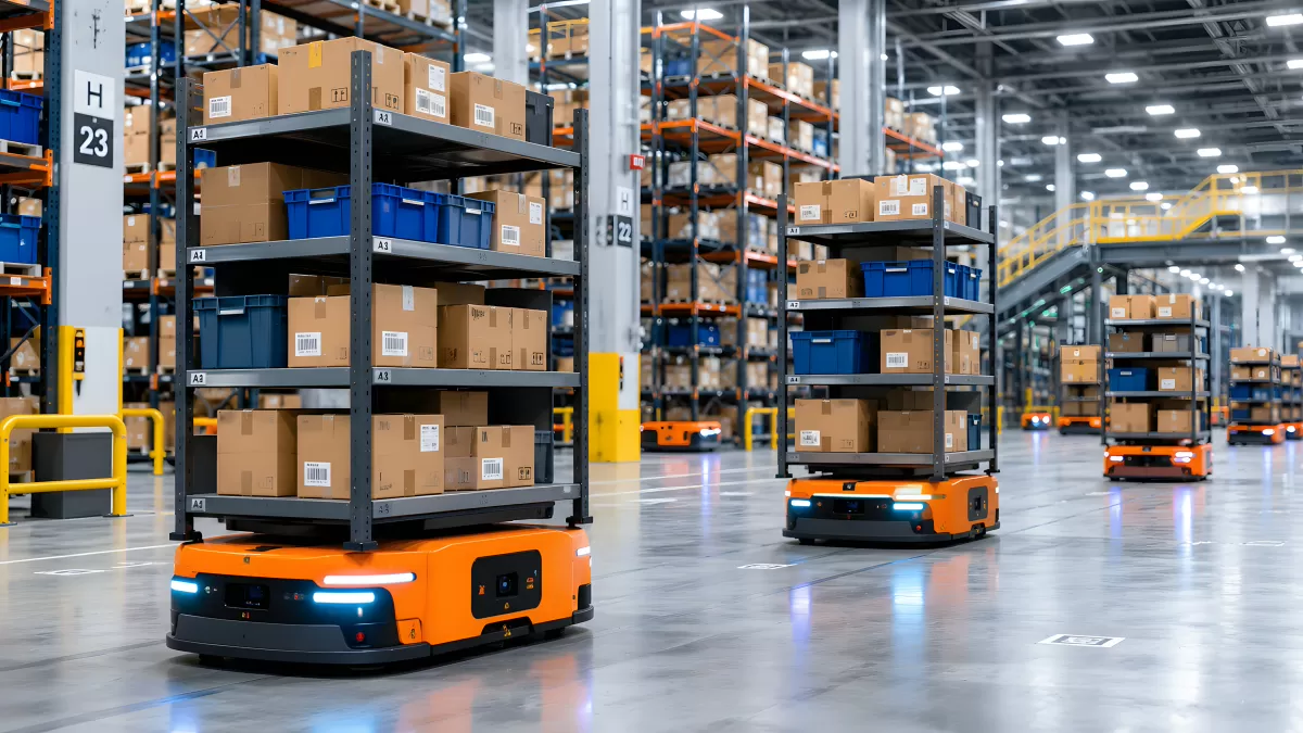 Autonome Lagerroboter transportieren Pakete im Hochregallager