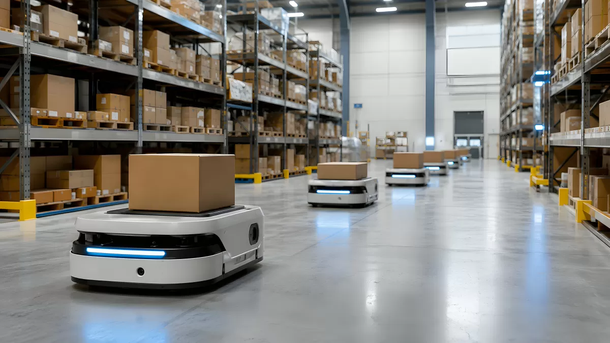 Autonome Roboter transportieren Pakete im Lager