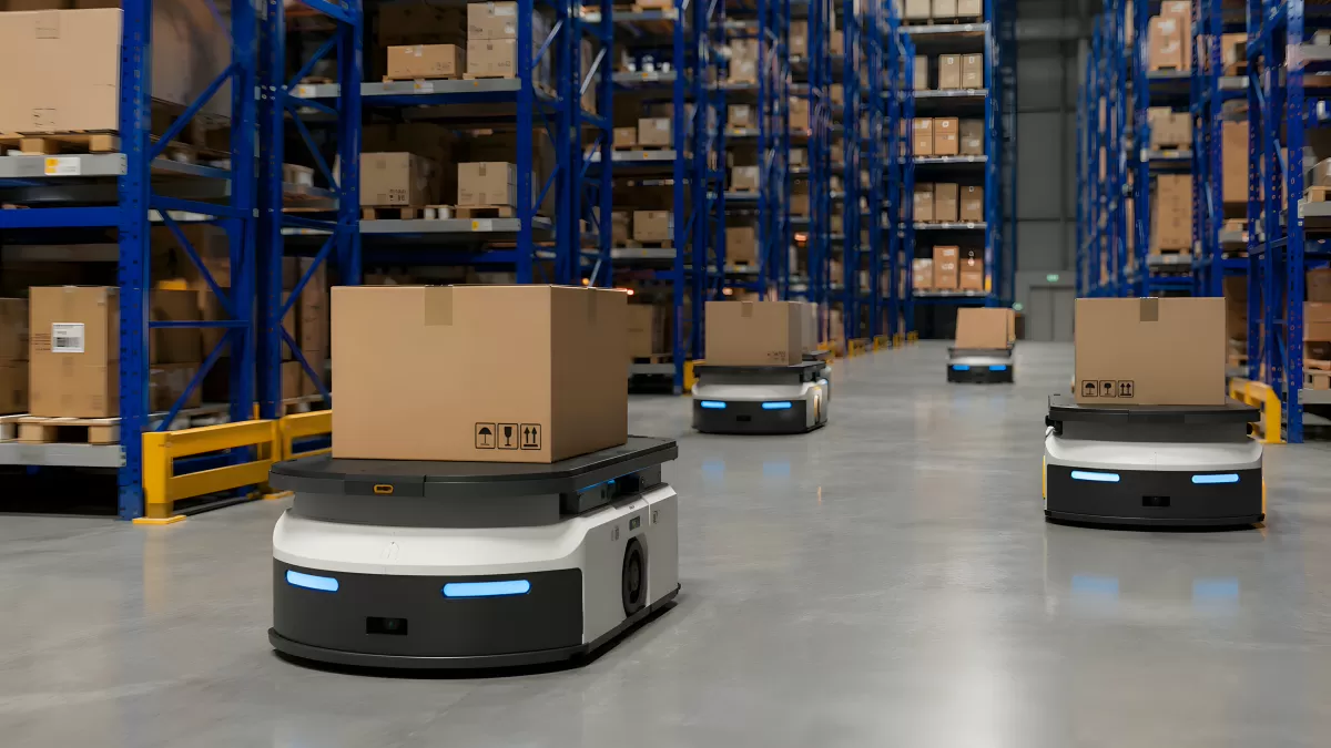Autonome Transportroboter bewegen Pakete im Lager