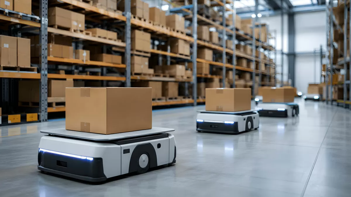 Autonome Transportroboter fahren durch ein Warenlager