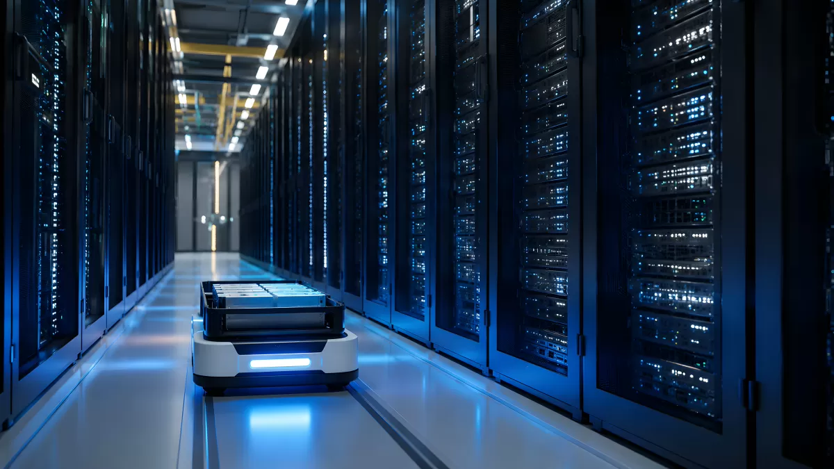 Autonomer Roboter fährt durch modernen Serverraum
