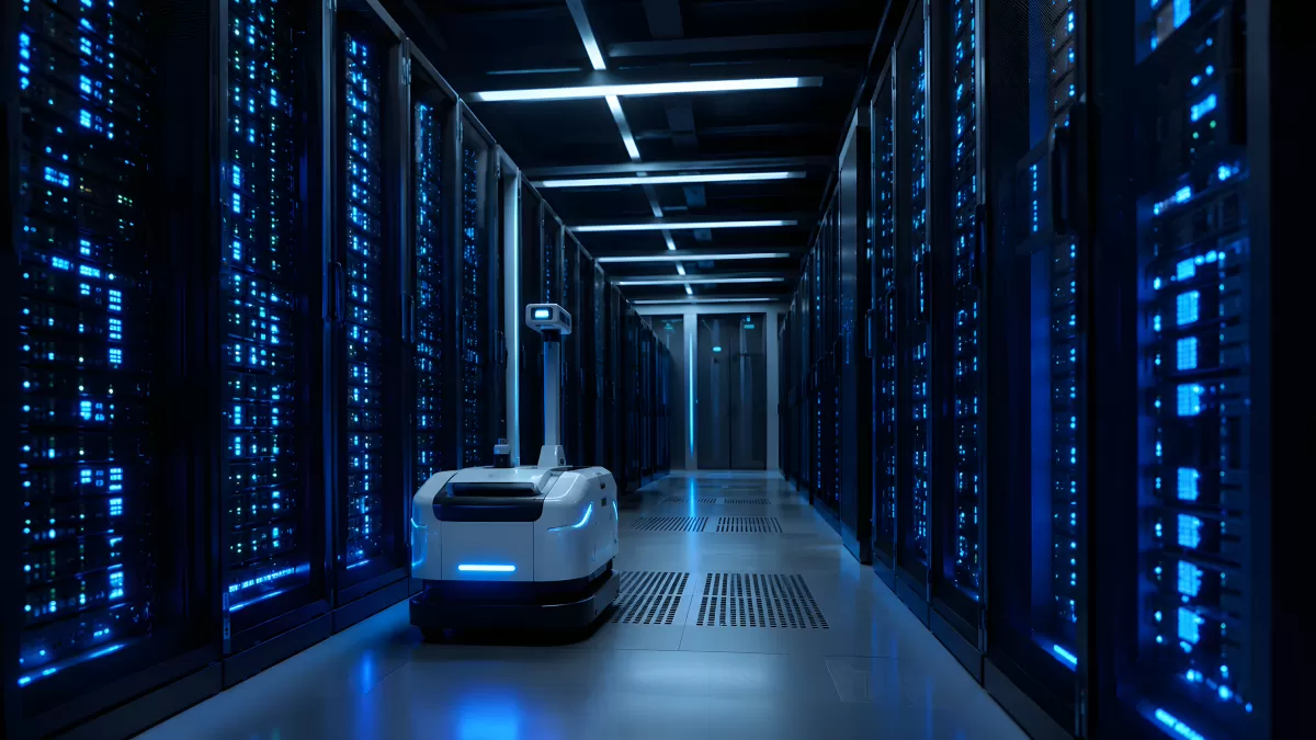Autonomer Roboter patrouilliert durch modernen Serverraum