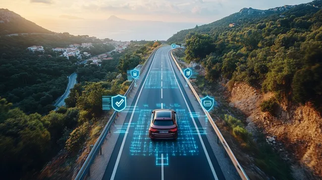Autonomes Fahren auf Bergstraße mit Telematik-Symbolen