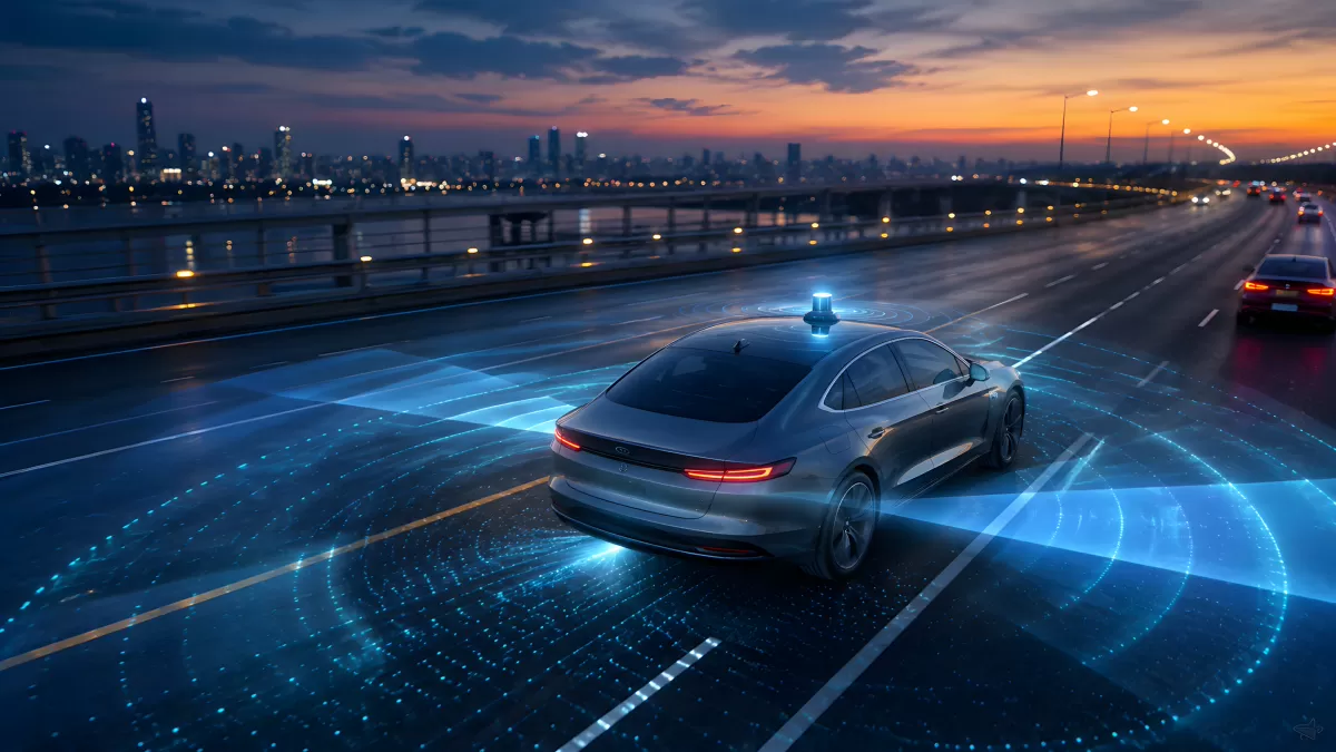 Autonomes Fahrzeug mit KI-Sensoren auf nächtlicher Stadtautobahn