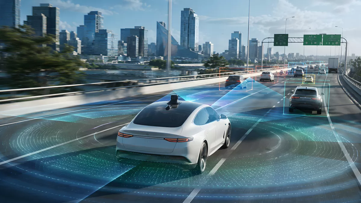 Autonomes Fahrzeug mit KI-Sensortechnik auf Stadtautobahn