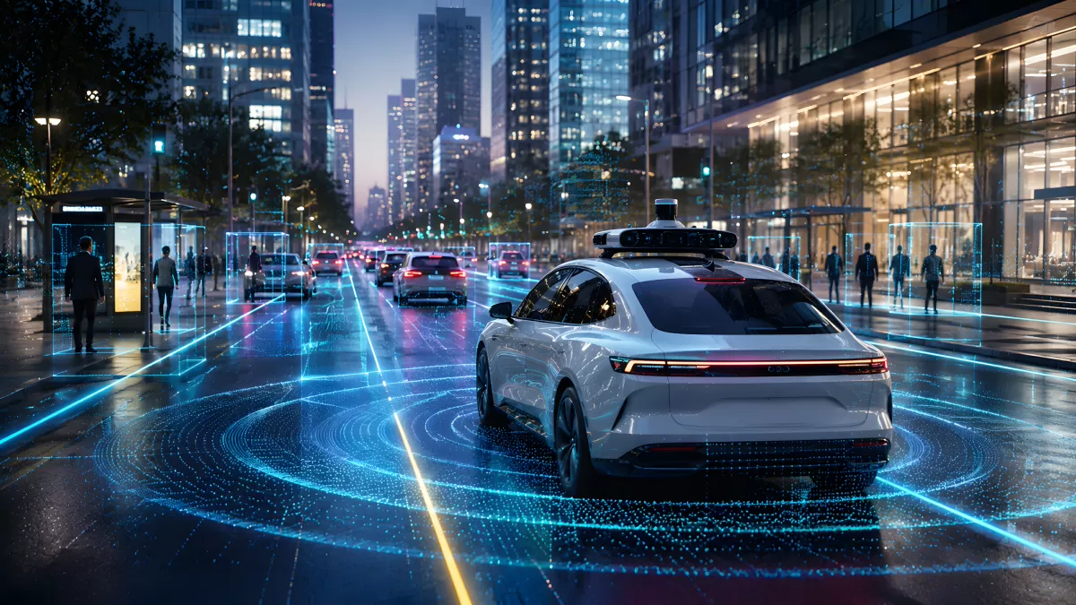 Autonomes Fahrzeug mit Sensorik in nächtlicher Stadtkulisse