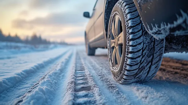 Autoreifen im Schnee - Winterlandschaft auf der Straße