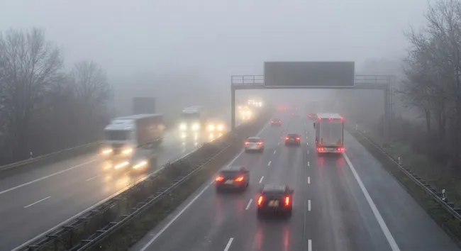 Autos im Nebel auf Autobahn mit Verkehrsschildern