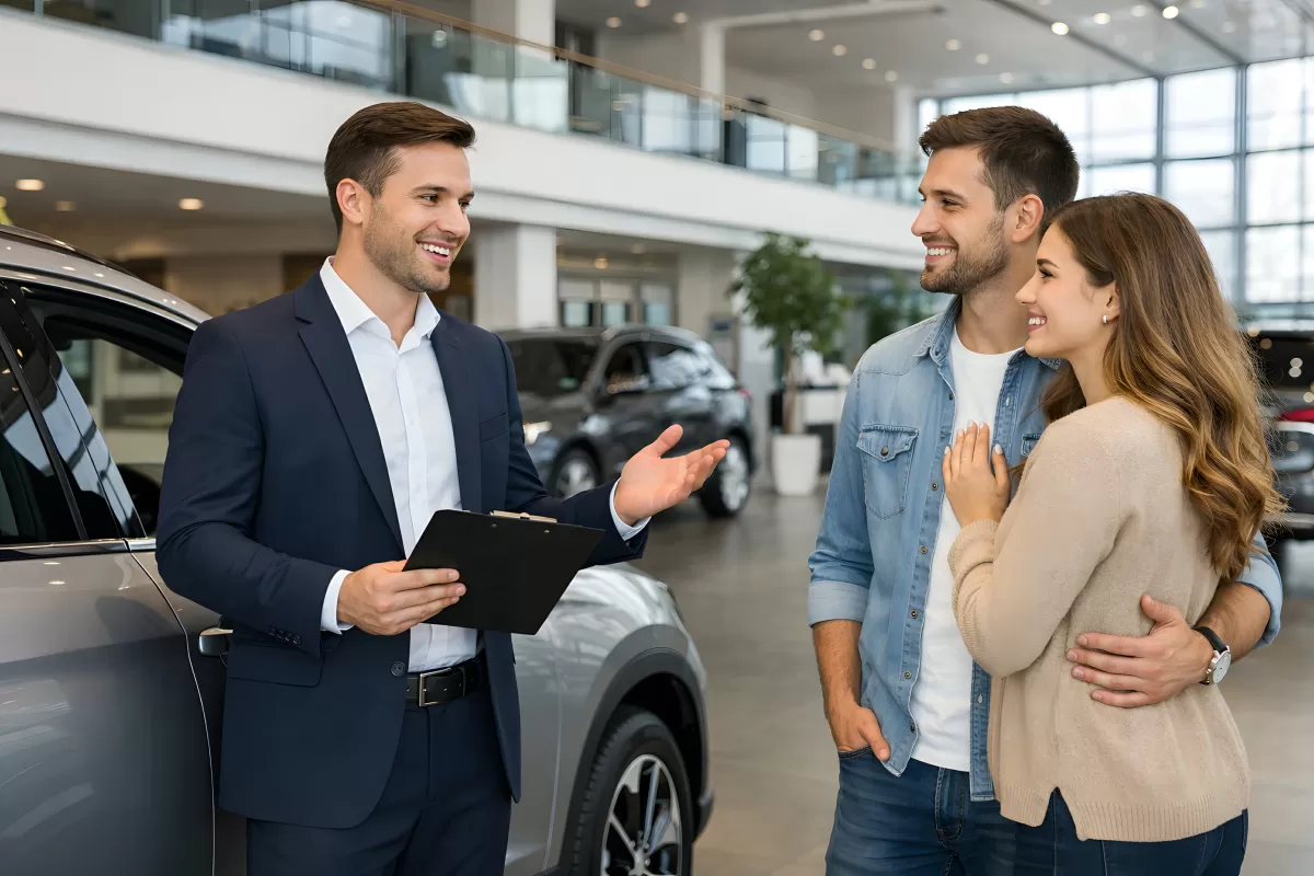 Autoverkäufer berät junges Paar im Autohaus