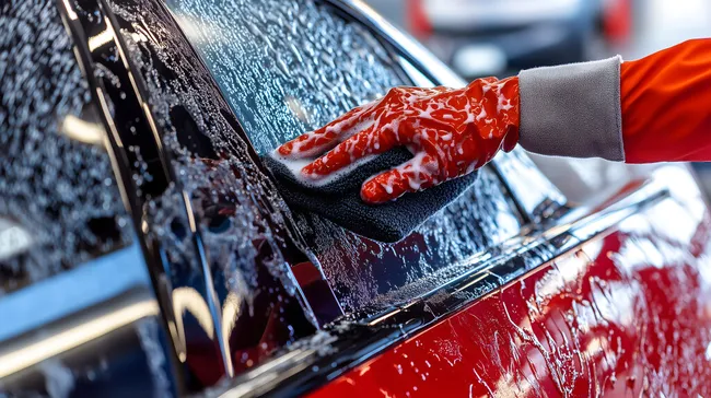 Autowäsche mit Schwamm und Schaum in rot-grauer Farbgebung