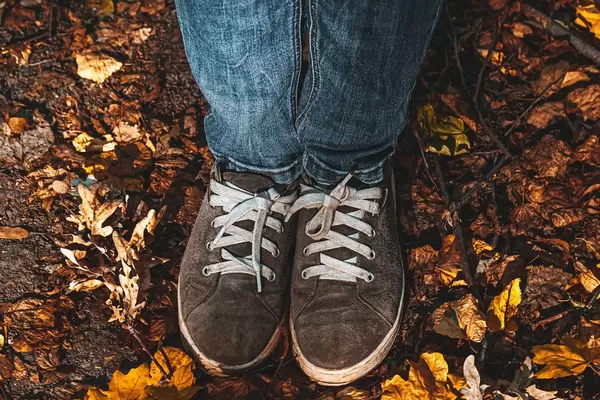 Autumn concept with women's feet in shoes on yellow dry leaves