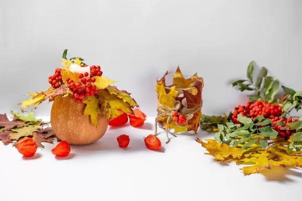 Autumn Decorations - Pumpkin with a candle, red berries, yellow leaves and physalis on white background