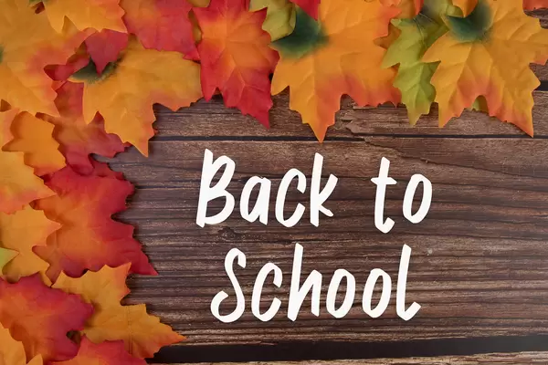 Autumn leaves with Back to School text
