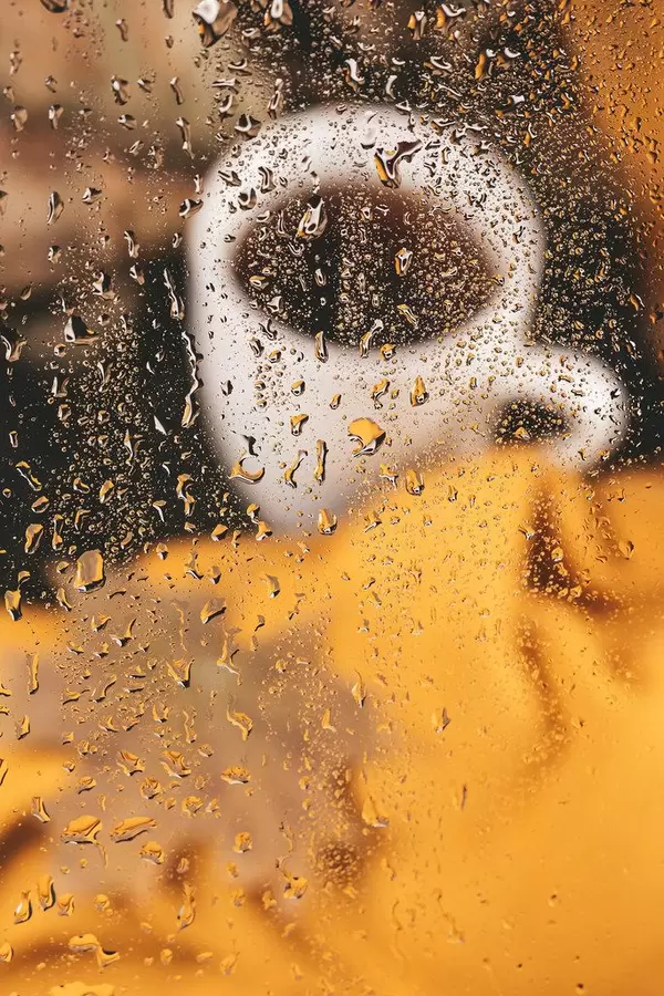 Autumn relaxation concept. Rainy weather and a cup of tea with dry leaves