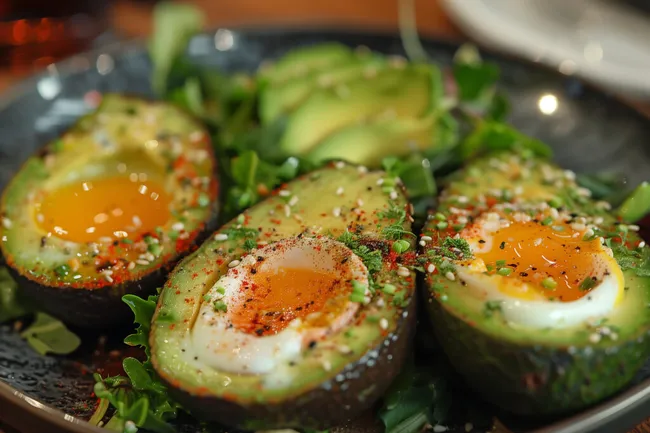 Avocado-Ei-Salat auf dunkler Platte