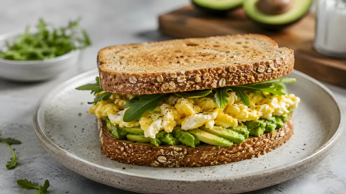 Avocado-Ei-Sandwich auf Vollkornbrot mit Rucola
