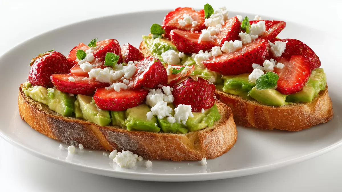 Avocado Erdbeer Toast mit Feta auf weißem Teller