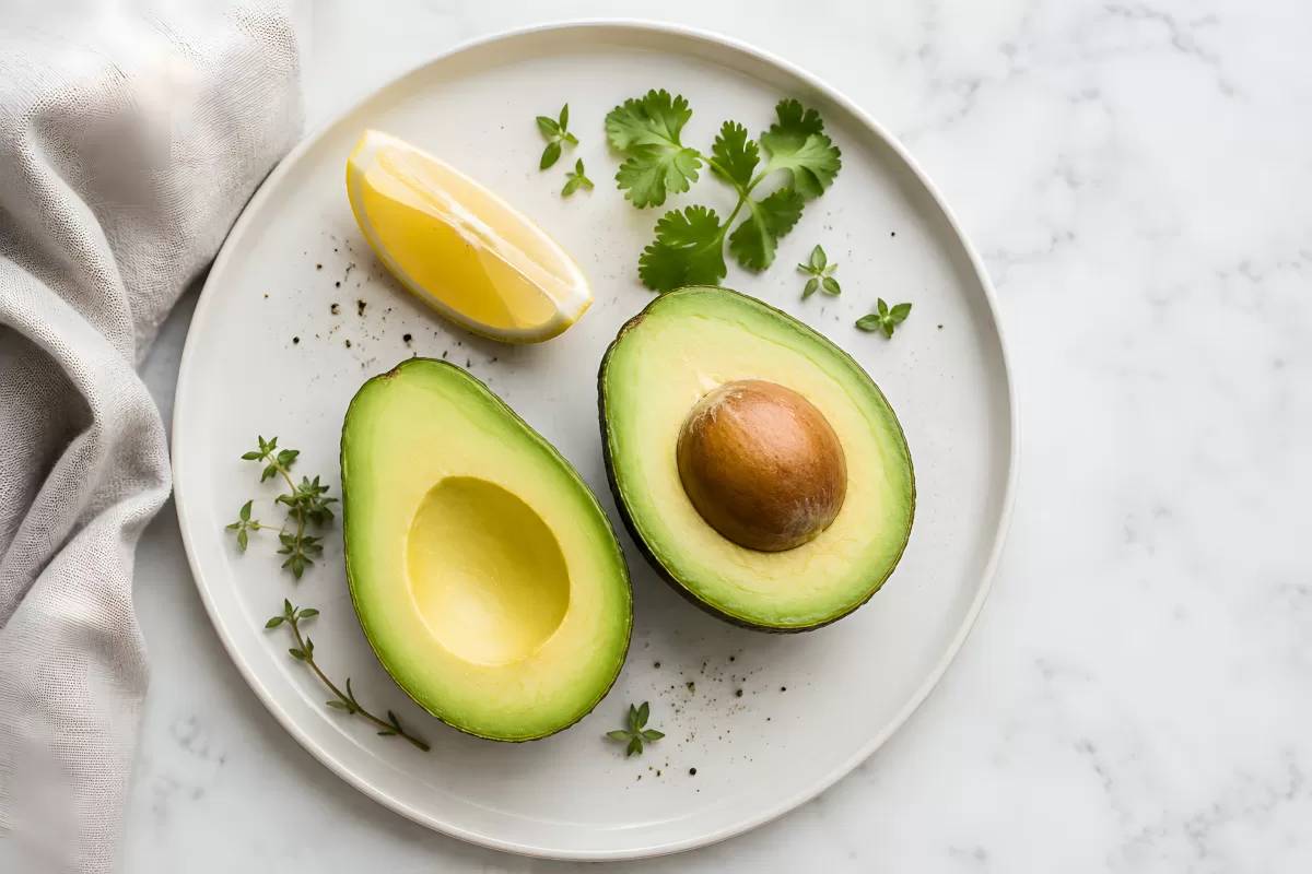 Avocado halbiert auf Teller mit Zitrone und Kräutern